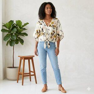 Aakaa Floral & Bamboo Print V-Neck Blouse Size S